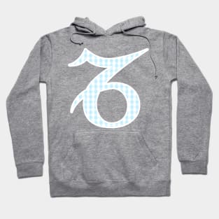 Capricorn Zodiac Horoscope Symbol in Pastel Blue and White Gingham Pattern Hoodie